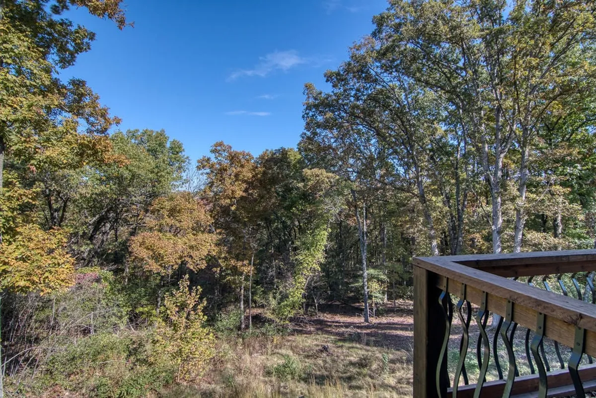A peaceful view from a deck or balcony, showcasing lush green trees, a clear blue sky, and a wooden railing. The scene invites guests to relax outdoors, immerse themselves in nature, and appreciate the property’s pristine environment.