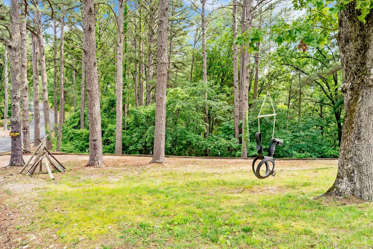 A classic wooden swing set sits beneath tall shade trees in an open grassy area, inviting children and families to play and picnic together. The natural landscape offers a sense of freedom and adventure, perfect for young explorers.